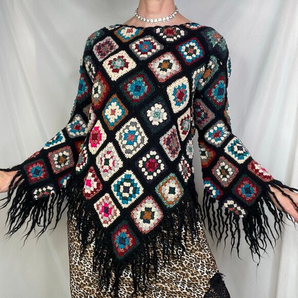 Sue Wong knit studio granny square crochet sweater fringe vintage Y2K wool L - Picture 10 of 14